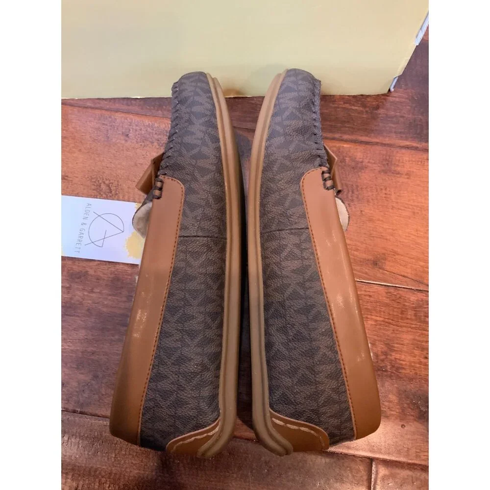 Michael Kors Erica Brown Leather Shearling Lined Logo Flats Slippers, Size 8